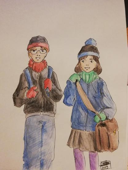 Les héros du Cycle des Psychiques, Ola et Ester, habillés en tenue d'hiver (Dessin de Bastien Hüe,  encre de Chine et crayon de couleur aquarellable)