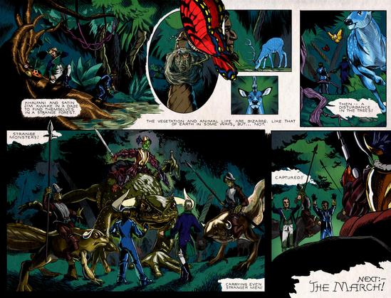 Retro style comic strip

Panel 1: 

Caption: Khalfani and Satin Jim awake in a daze to find themselves in a strange forest. 

Panel 2-4: Satin Jim looks in wonder at a bird with butterfly wings feeding a worm to caterpillar-chicks. A blue deer drinks water, then looks up in shock to reveal it has one antler emerging from the middle of its forehead.

Caption: The vegetation and animal life are bizarre. Like that of Earth in some ways, but... not.

Panel 5: The deer runs away.

Caption: Then -- a disturbance in the trees!

Panel 6: Frog-like humanoids riding giant horned frogs and tadpoles descend on Satin Jim and Khalfani.

Caption: Strange monsters! Carrying even stranger men! 

Panel 7: The two humans put their hands up as the frog-men surround them. 

Caption: Captured!!

Next :-
The March! 