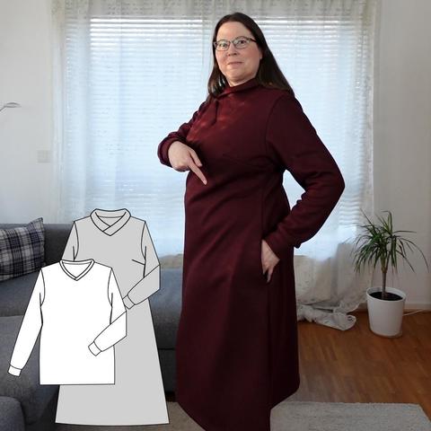 A woman in a red sweater dress showing off it has pockets. On the left a line drawing of the dress pattern.