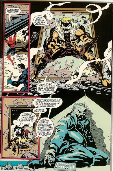 a  page from the comic book, sabertooth is fighting with spider-man and punisher, theyre pursuing sabertooth, he jumps from  a window 