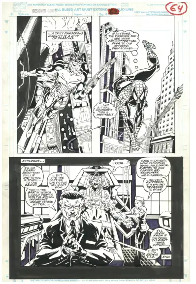 a page from  the comic  book  , black and white, before color added, punisher is on a rooftop; in another panel, spider-man is swinging by, in the lower panel is the boss guy at the company that does the genetic experimentation 