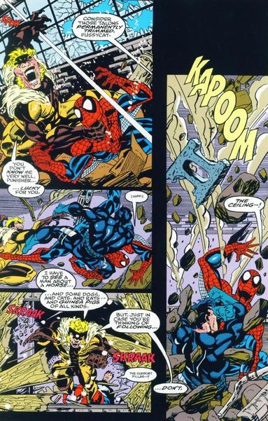 a page from the comic book, spider-man and punisher slugging it out with punisher punisher shooting at him 