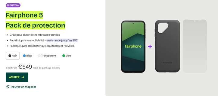 a screenshot from the Fairphone 5 shop highlighting support until 2031.