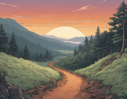 (32 bit pixels, graphic novel, illustration) long winding dirt path, through the mountains and deep forest, with a distant female figure in the background, during sunset