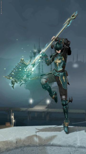 Esi clad in morbol h reen Warrior armor, stands on one foot as she holds her axe above her head and to the side.