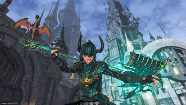 Esi assumes a battle stance with her axe on her back, ready to be swung forward. In the background, Ishgard's beautiful architecture towers above. Midgarsormr the dragon flies beside the warrior, with its wings spread open.