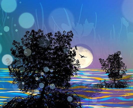 Moon Rises On Magical Mangroves Evening by Joan Stratton - https://paintingsbyjoan.com/

A whimsical evening as the moon rises over the sea, light plays on the water and amongst the mangroves trees.

Silhouetted mangrove trees stand against a vibrant, multicolored landscape, with a large moon and a bird in flight creating a serene scene. The play of light and shadow adds depth to the tranquil setting, evoking a sense of peace and beauty.

Ether Art – A hand-drawn drawing / painting using the exciting modern art form, where art is created from scratch using a computer in lieu of a real canvas and paint, water colour, pastel, pencil, charcoal etc I create digital art from the ether, exactly the same as if I was starting with a blank canvas.