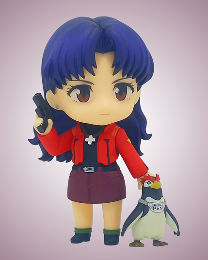 Nendoroid Misato Katsuragi (2333) in her usual work clothes, carrying a pistol in her right hand and petting Pen Pen with her right