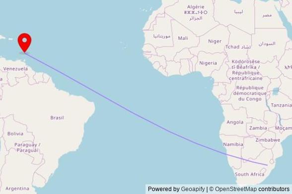 A map showing the great circle route from Newcastle in South Africa to a map pin at Assumption Cathedral, North River Road, Kingstown, Saint Vincent and the Grenadines
