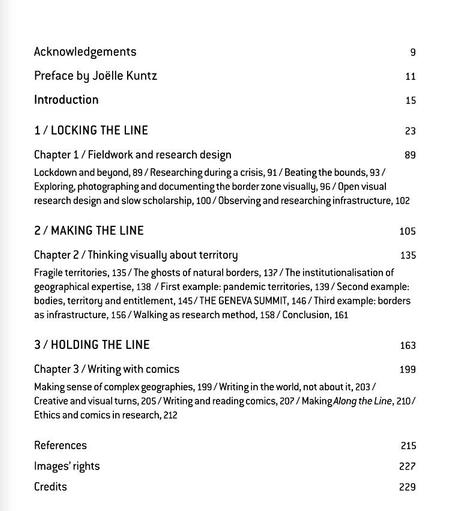 Table of contents showing (in bold capitals) that there are three big chapters of comics, one shorter one, and three written chapters on fieldwork & research design / thinking visually about territory/  writing with comics.
