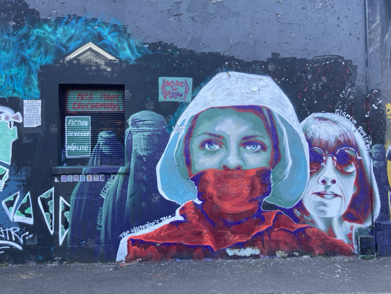 Œuvre de street art représentant : des femmes afghanes, la servante écarlate et Gisèle Pélicot