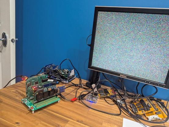 The very first power on with monitor connected.  Rending all the random bytes from its onboard SRAM memory