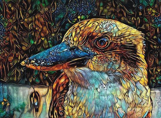 Colorful digital art rendition of my photograph of a wild kookaburra waiting for food with a textured brick overlay.

Kookaburras are terrestrial tree kingfishers of the genus Dacelo native to Australia and New Guinea, which grow to between 28-42 cm (11-17 in) in length.
The kookaburra's loud call sounds like echoing human laughter. They are found in habitats ranging from humid forest to arid savanna, as well as in suburban areas with tall trees or near running water. Even though they belong to the larger group known as "kingfishers", kookaburras are not closely associated with water.  By Kaye Menner Photography.