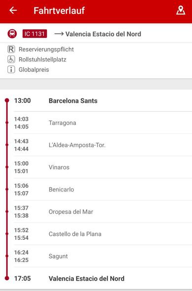 Fahrplan des sonntäglichn IC von Barcelona nach Valencia über Tarragona.
