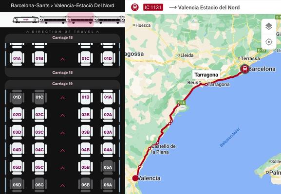 Sitzplan und Streckenverlauf des lokbespannten Intercity von Barcelona nach Valencia