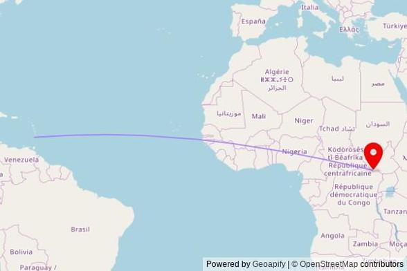 A map showing the great circle route from Kingstown in Saint Vincent and The Grenadines to a map pin at St. Josephine Bakhita Church, Zino Riko Road, Yambio, South Sudan