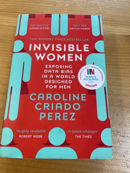 The book Invisible Women laying on a wooden table.