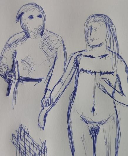 
Un dibujo a bolígrafo azul muestra dos figuras humanas esbozadas. La figura de la izquierda es un hombre encapuchado, sosteniendo una flecha amenazante en una mano y agarrando con fuerza con la otra a una mujer, la figura de la derecha,  con el pelo largo, está asustada y desnuda . Tiene dos cicatrices en ambos senos extirpados. El estilo del dibujo es tosco y expresivo, con trazos rápidos y superpuestos. Hay garabatos adicionales en la parte inferior izquierda del papel.