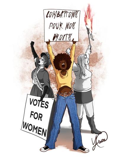 Dessin numérique représentant une jeune femme noire brandissant une pancarte avec l'inscription "combattons pour nos droit". Derrière elle, en noir et blanc, on aperçoit une suffragette avec une pancarte et une écharpe avec l'inscription "votes for women" et une étudiante de mai 68 qui brûle son soutien-gorge.