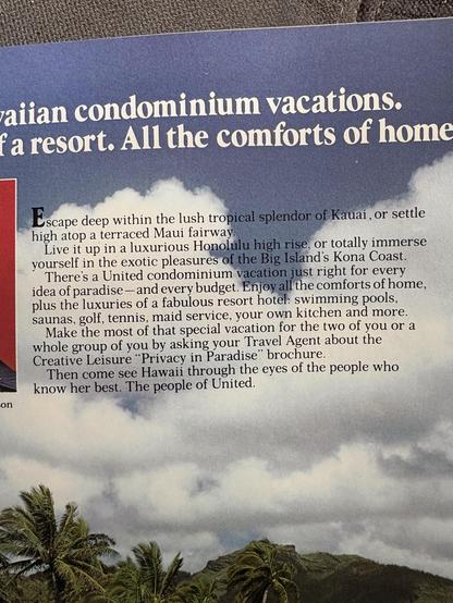 The image features promotional text for Hawaiian condominium vacations, highlighting the luxury and comforts of various locations in Hawaii, including Kauai and the Big Island.