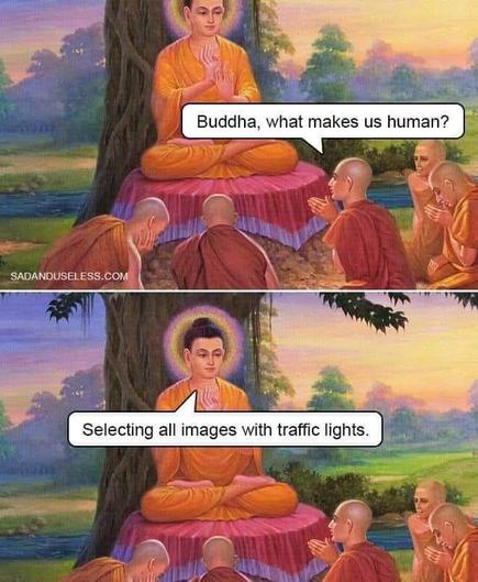 Buddha sitting under the boddhi tree speaking to disciples. A disciple asks:
"Buddha, what makes us human?"
Buddha replies: "Selecting all images with traffic lights."