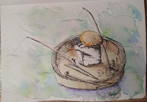 Drawing of a fisherman in a basket boat, Vietnam
