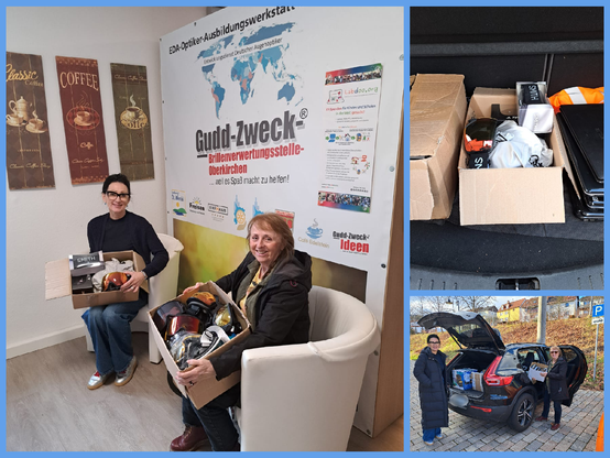 Eine Collage zeigt einen Raum mit Plakaten von Gudd-Zweck und Labdoo. Davor auf beigen Sesseln sitzen Michaela und Hanny, jeweils mit einem  Karton von gesammelten Brillen bzw. IT auf den Knien. Auf 2 weiteren Fotos sieht man die Verladung weiterer Kartons in ein Auto mit offener Heckklappe.