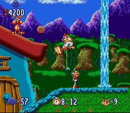 Bubsy cleaning up an invaded village, with waterfalls coming from nowhere.
