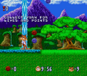 Very first screen of Bubsy, with a tree that hides some bumpers in its branches