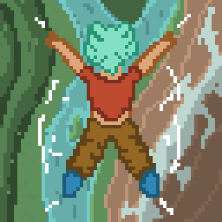 pixelart of a person sky diving and a mountian and a lake landscape 
