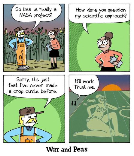 Panel 1: A farmer in overalls and a straw hat stands in a cornfield, speaking to a female scientist holding a clipboard. He asks, “So this is really a NASA project?” Panel 2: The scientist, looking offended, responds indignantly, “How dare you question my scientific approach?” Panel 3: The farmer, looking uncertain, says, “Sorry, it’s just that I’ve never made a crop circle before.” Panel 4: The sun sets as the camera zooms out to reveal a massive crop formation – not an alien symbol, but an elaborate depiction of the scientist in underwear in a sexy pose. The scientist reassures the farmer, “It’ll work. Trust me.”