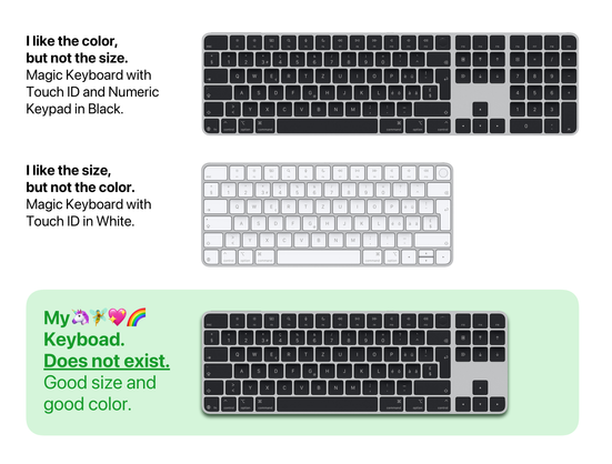 A regular black Apple Magic Keyboard with numeric keypad. A regular white Apple Magic Keyboard without numeric keypad. An imaginary black Apple Magic Keyboard with full sized arrow keys, but no numeric keypad.
