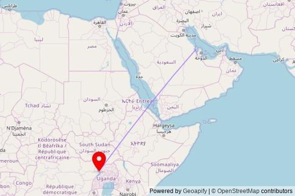 A map showing the great circle route from Awali in Bahrain to a map pin at Hope Of Christ To The Hopeless, RN27, Pakolo, Uganda