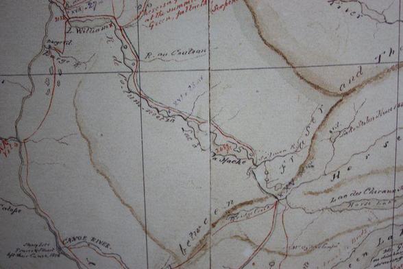 A.C. Anderson's 1867 map that shows the route of the Brigade trail past Lac la Hache.