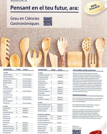 Plan de estudios y folleto del Grado en Ciencias Gastronómicas de la Universitat de València