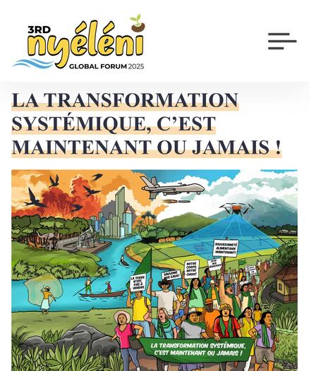 #SouverainetéAlimentaire
Souveraineté Alimentaire
#NyeleniGlobalForum2025
Nyeleni Global Forum 2025 ⤵️
https://nyeleniglobalforum.org/fr/2024/10/14/appel-a-laction-pour-le-3e-forum-global-nyeleni-2025-la-transformation-systemique-cest-maintenant-ou-jamais