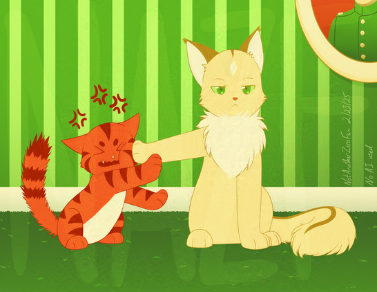 a Drawing of two cats, a small orange one and a larger, fluffier blond one, sitting in front of a wall with a green, striped wallpaper. There is also a random picture hanging slightly off-screen. 

The blond cat, with an unamused look on his face, is holding the orange cat at bay with one paw while the orange one is trying (and failing) to fight the larger cat.