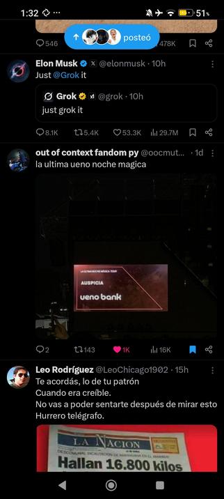 Una fuente de redes sociales muestra varios mensajes, incluyendo tuits de Elon Musk y Leo Rodríguez, junto con un gráfico para el Ueno Bank. La imagen muestra una serie de publicaciones de redes sociales, incluyendo tweets y un anuncio gráfico. Los tweets contienen mensajes de texto, nombres de usuario y números asociados con métricas de compromiso de redes sociales. El gráfico muestra un fondo oscuro con un rectángulo de color más claro que muestra el nombre y el logotipo de una institución financiera. Varios mensajes son de diferentes usuarios y tienen diferentes temas.