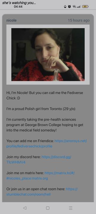 Spam bot that's been active on Lemmy (and apparently on Mastodon too). Nicole the fediverse chick, Polish-Canadian studying pre-health sciences at George Brown College 