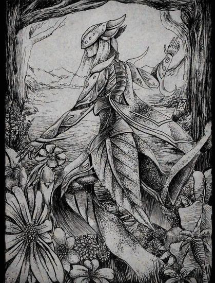 fairy-like cyborg in the flower fields, a deity linked to spring
