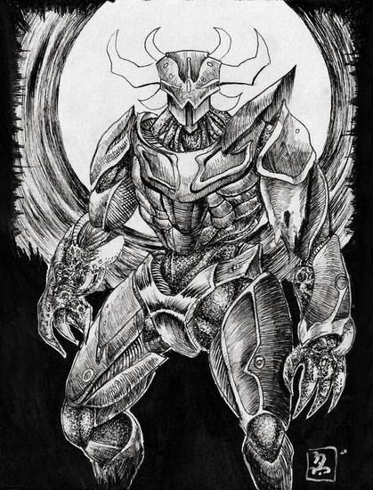 a minotaur-like cyborg with six horns and all mechanized body and limbs. 