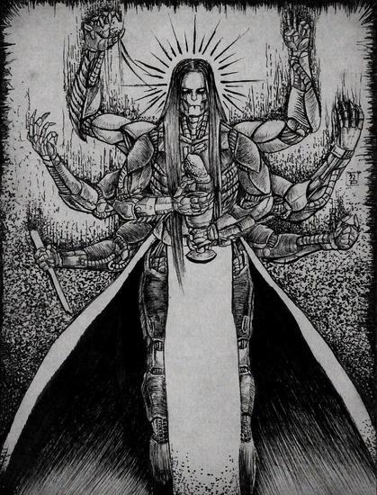 an eight armed cyborg, behind him is a pointed halo.