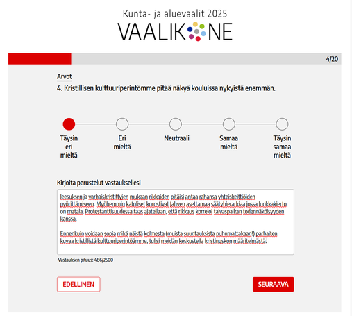 Väite. Kristillisen kulttuuriperintömme pitää näkyä kouluissa nykyistä enemmän.
Vastaus. Täysin eri mieltä.
Selitys. Jeesuksen ja varhaiskristittyjen mukaan rikkaiden pitäisi antaa rahansa yhteiskeittiöiden pyörittämiseen. Myöhemmin katoliset korostivat Jahven asettamaa säätyhierarkiaa jossa luokkakierto on matala. Protestanttisuudessa taas ajatellaan, että rikkaus korreloi taivaspaikan todennäköisyyden kanssa.

Ennenkuin voidaan sopia mikä näistä kolmesta (muista suuntauksista puhumattakaan!) parhaiten kuvaa kristillistä kulttuuriperintöämme, tulisi meidän keskustella kristinuskon määritelmästä.
