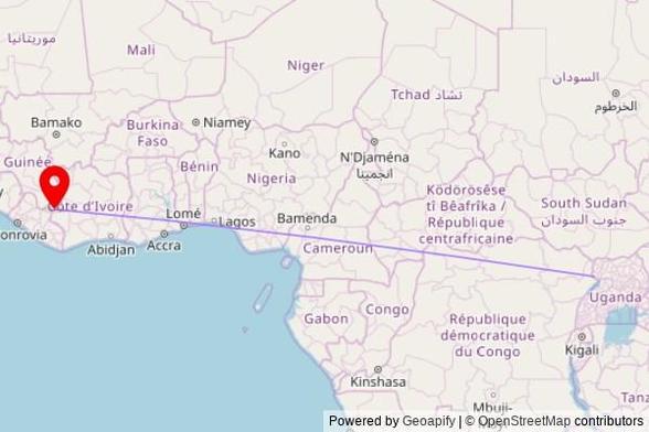 A map showing the great circle route from Pakolo in Uganda to a map pin at Église Catholique Saint-Jean, A8, Danané, Côte d'Ivoire