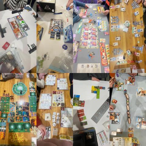 Collage of various tabletop board games in play. Multiple game boards, pieces, and player hands are visible across different surfaces, showcasing diverse game setups. Various game components, including cards, tokens, and dice, are scattered throughout the images.