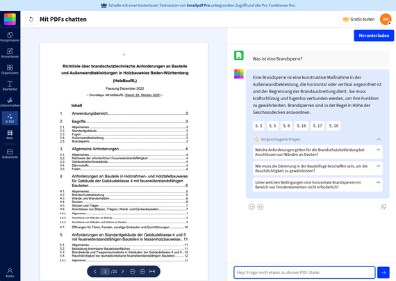 Analyse eines PDF-Dokuments mit dem KI-Tool von Smallpdf (Screenshot: Internet für Architekten)