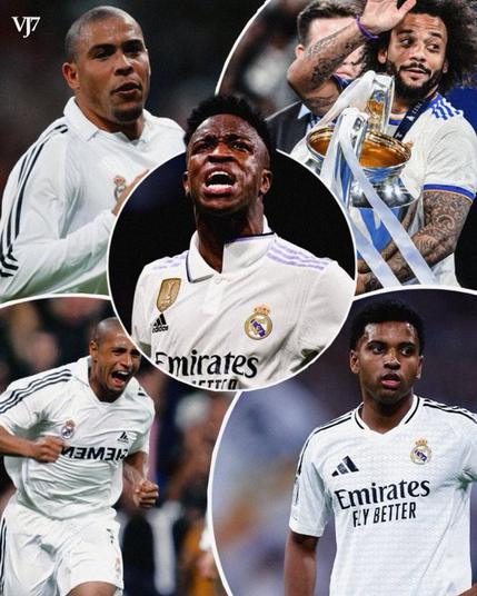 A imagem é uma colagem de fotos de jogadores de futebol do Real Madrid, tanto do passado quanto do presente. Ao centro, em destaque num círculo, está Vinícius Júnior, com uma expressão de garra no rosto. Ao redor, aparecem Ronaldo Fenômeno, Roberto Carlos, Marcelo segurando um troféu e outro jogador mais jovem, todos vestindo a camisa branca do clube. A colagem celebra a história e o sucesso do Real Madrid, com seus jogadores icônicos.