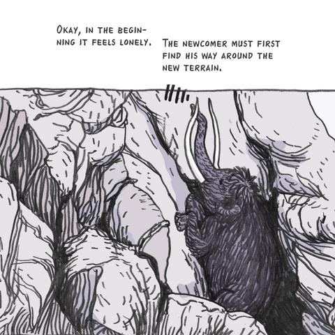 Bottom left: Mastodon climbing mountain says “Okay, in the beginning it feels lonely. The newcomer must first find his way around the new terrain.”