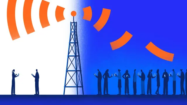 A digital illustration depicts a telecommunications tower emitting orange signal waves. On the left, two silhouetted figures stand in a bright white area, using their devices. On the right, a larger group of people is shown in a deep blue area, also using their devices, but with weaker or disrupted signals. The artwork conveys the impact of network shutdowns on mobile users.

Credit: Davide Bonazzi for Rest of World.
Source: Rest of World.