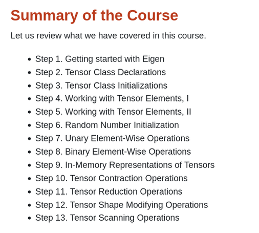 List of topics covered in the Open Risk Academy course "tensor calculation with c++ eigen".